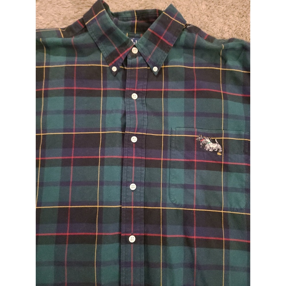 Vtg Ralph Lauren Scottie Terrier Dog Embroidered Plaid Button Down Shirt XL